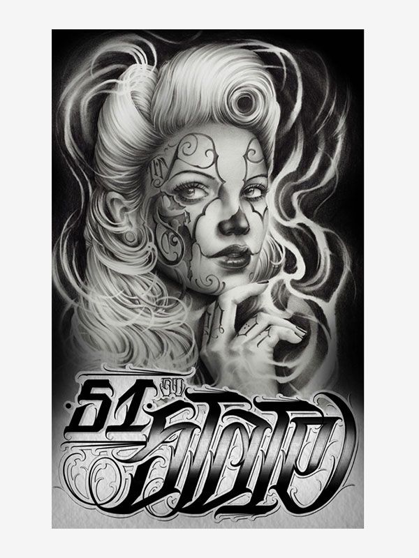Premium Vector | Vintage tattoos monochrome poster of pretty chicano girl  with ponytail and various tattoo